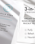 Bella Aura skincare cleanser packaging with ingredients listed on a white background
