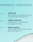 Ingredient highlights for skincare product with text on a teal background