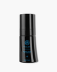 Black skincare eye serum bottle with blue text on a white background