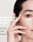 Woman applying skincare product with text on irritation relief, skin recovery, and healing.