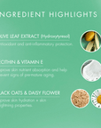 Ingredient highlights for a skincare product on a green background