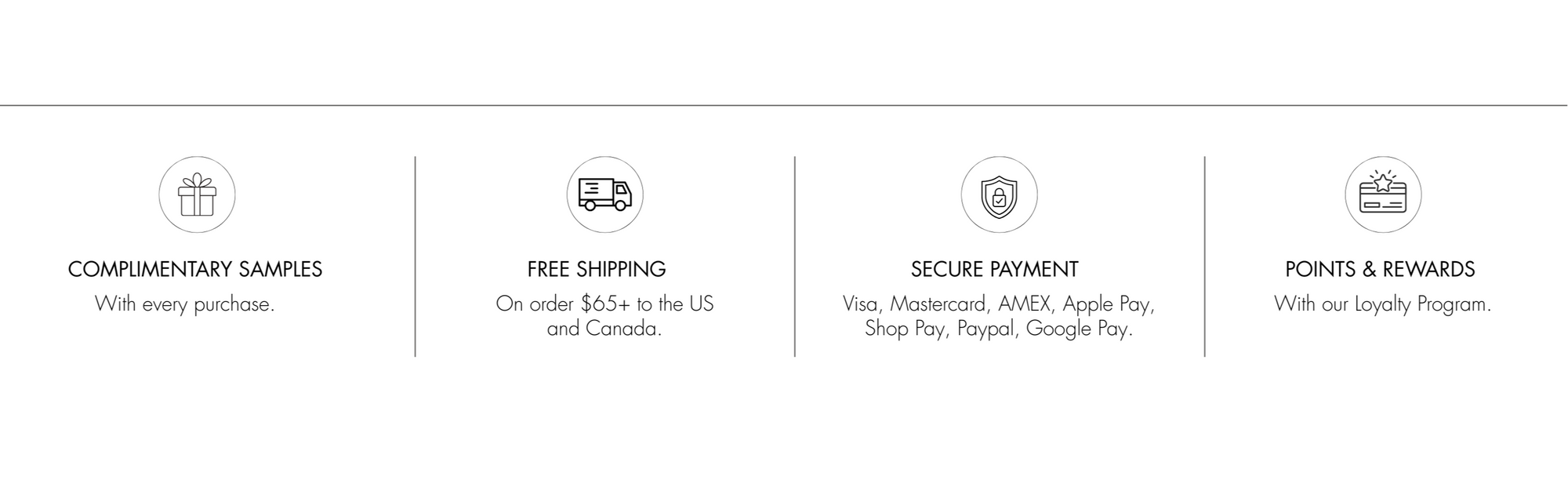 List of bella aura skincare's shopping features on a white background
