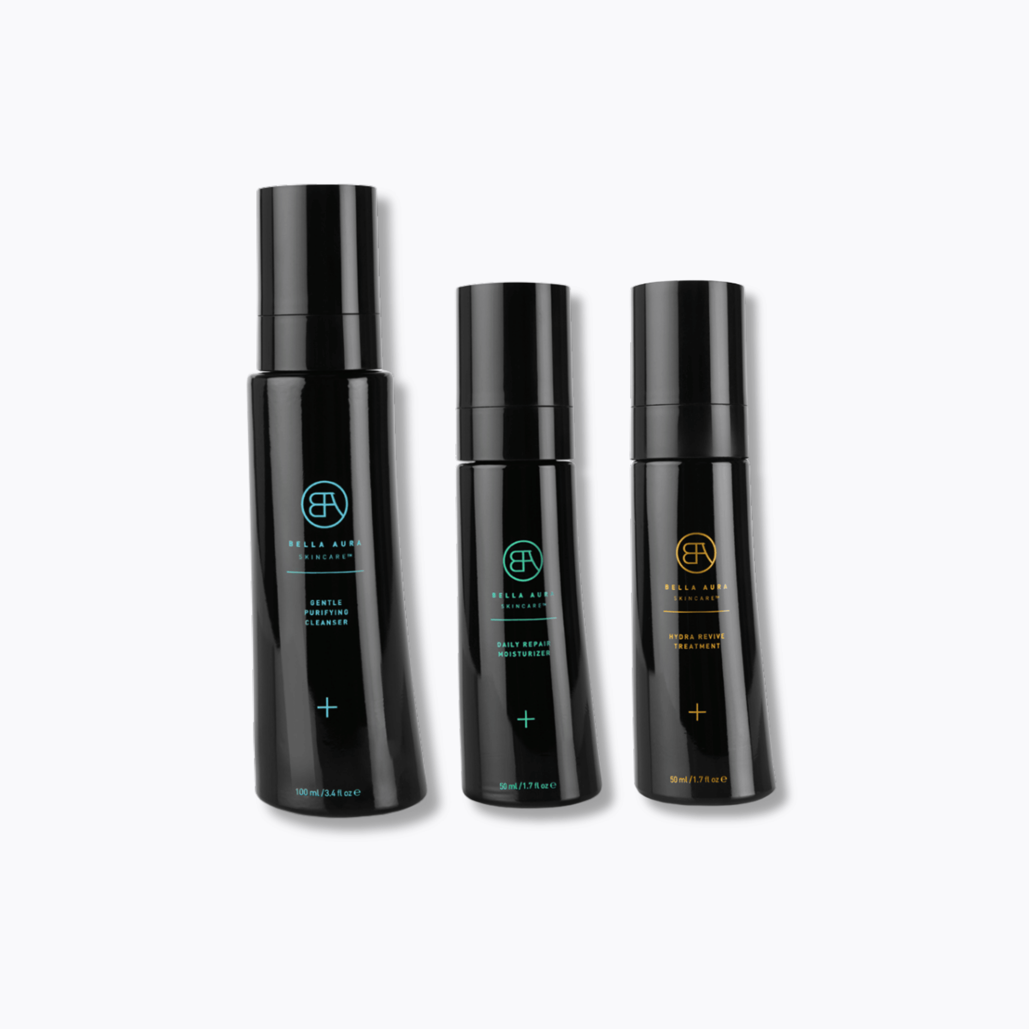 Three black bella aura bottles with brand logos on a white background