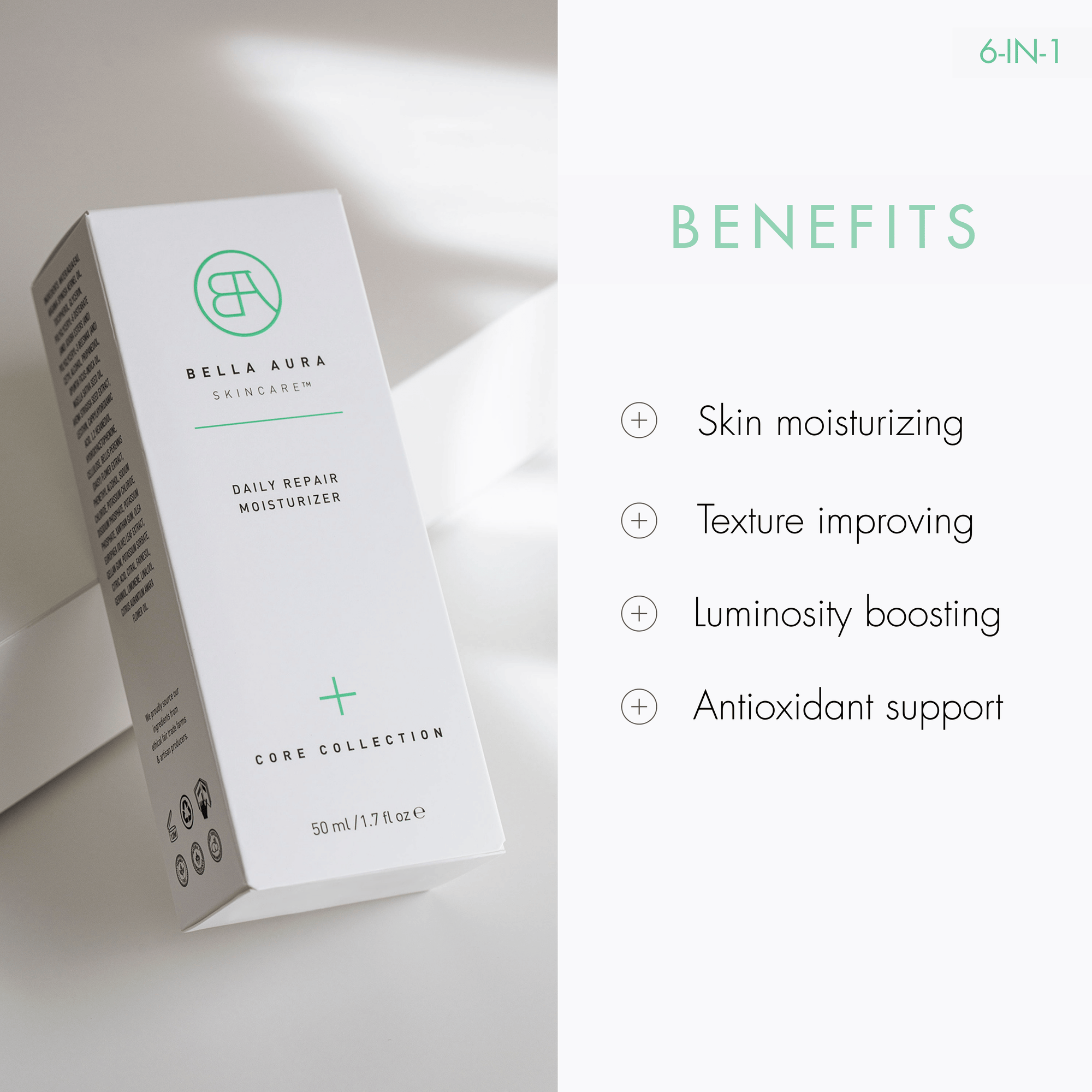 Bella Aura skincare product box with benefits listed on a white background
