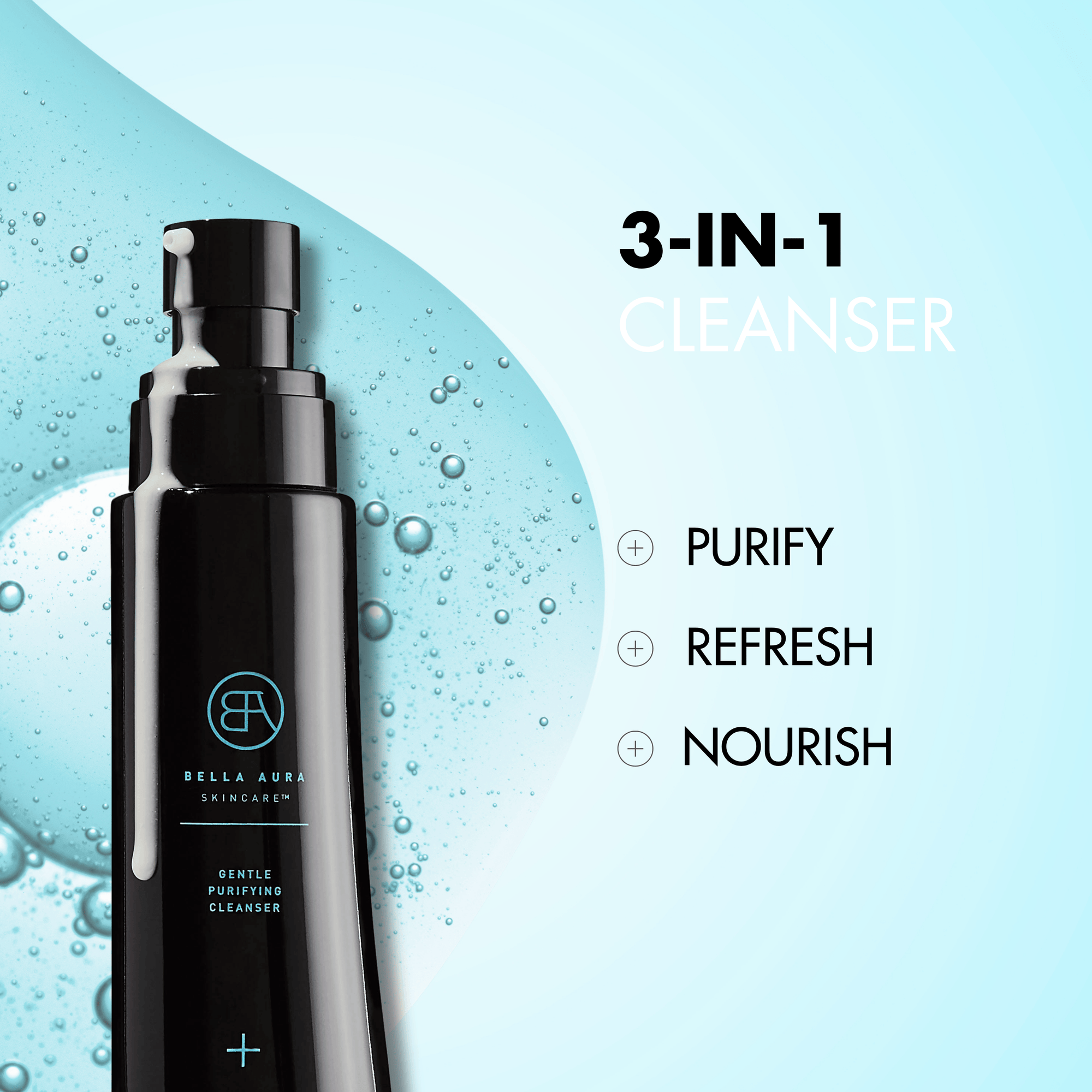 Black bella aura skincare cleanser bottle with text on a light blue background
