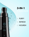 Black bella aura skincare cleanser bottle with text on a light blue background