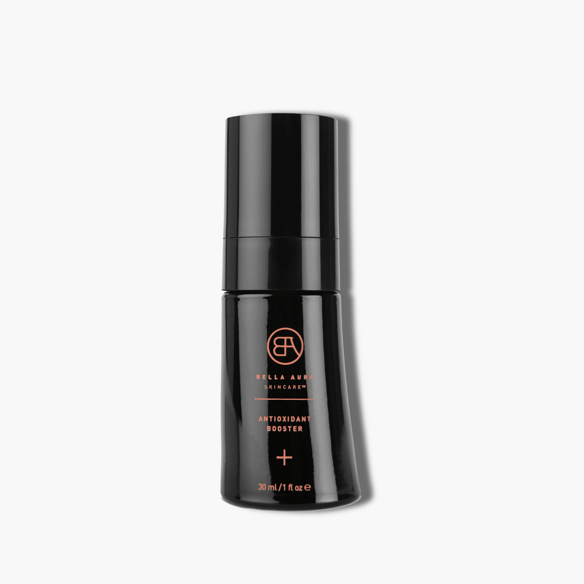 Black skincare bottle with bella aura skincare logo on a white background