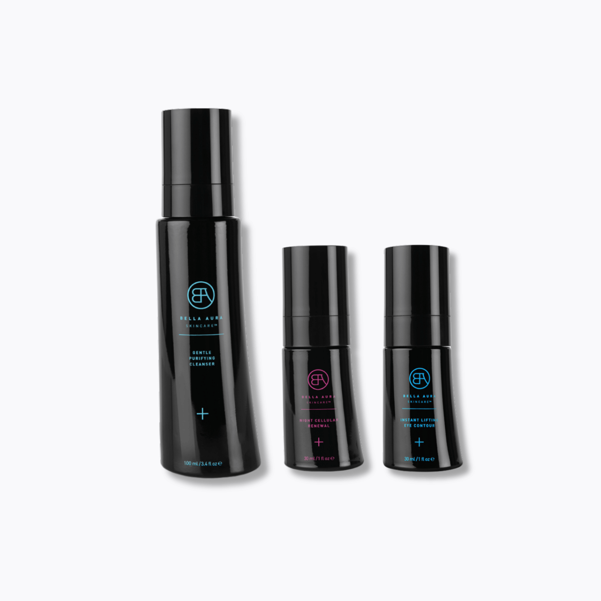 Set of three black bella aura skincare bottles with a brand logo on a white background