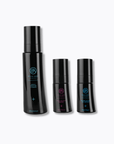 Set of three black bella aura skincare bottles with a brand logo on a white background