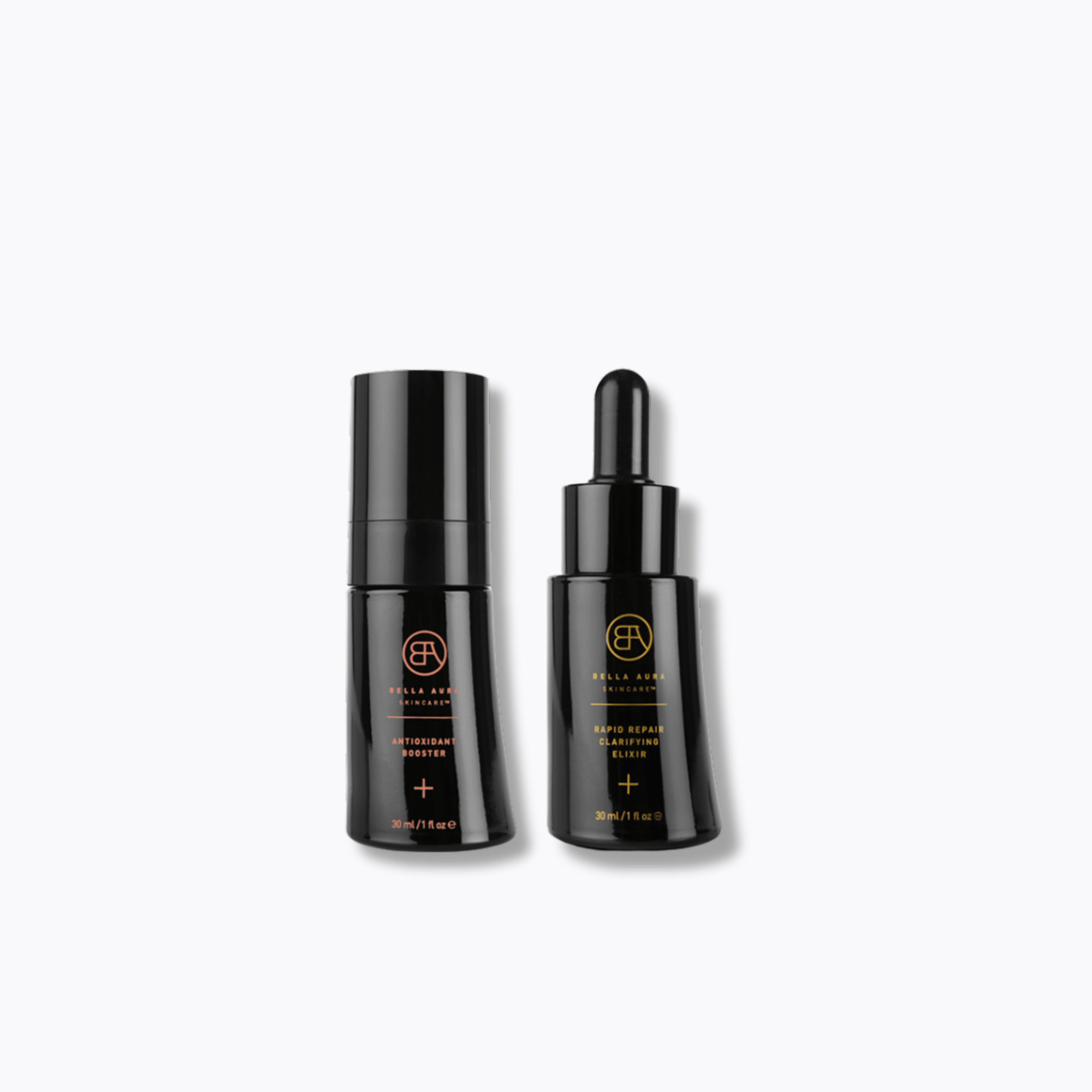 Two black bella aura skincare skincare bottles with a brand logo on a white background