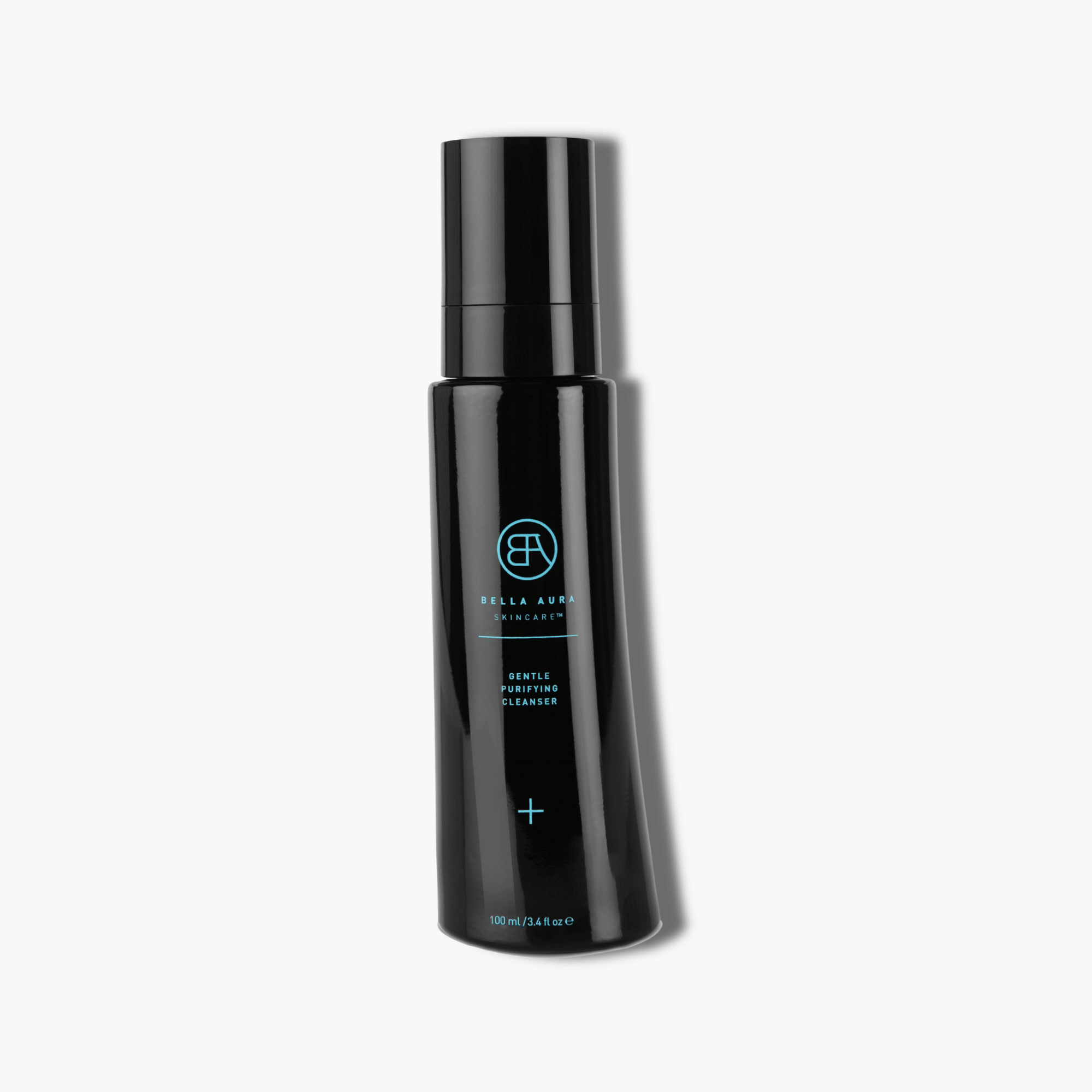 Black skincare bottle with brand logo on a white background