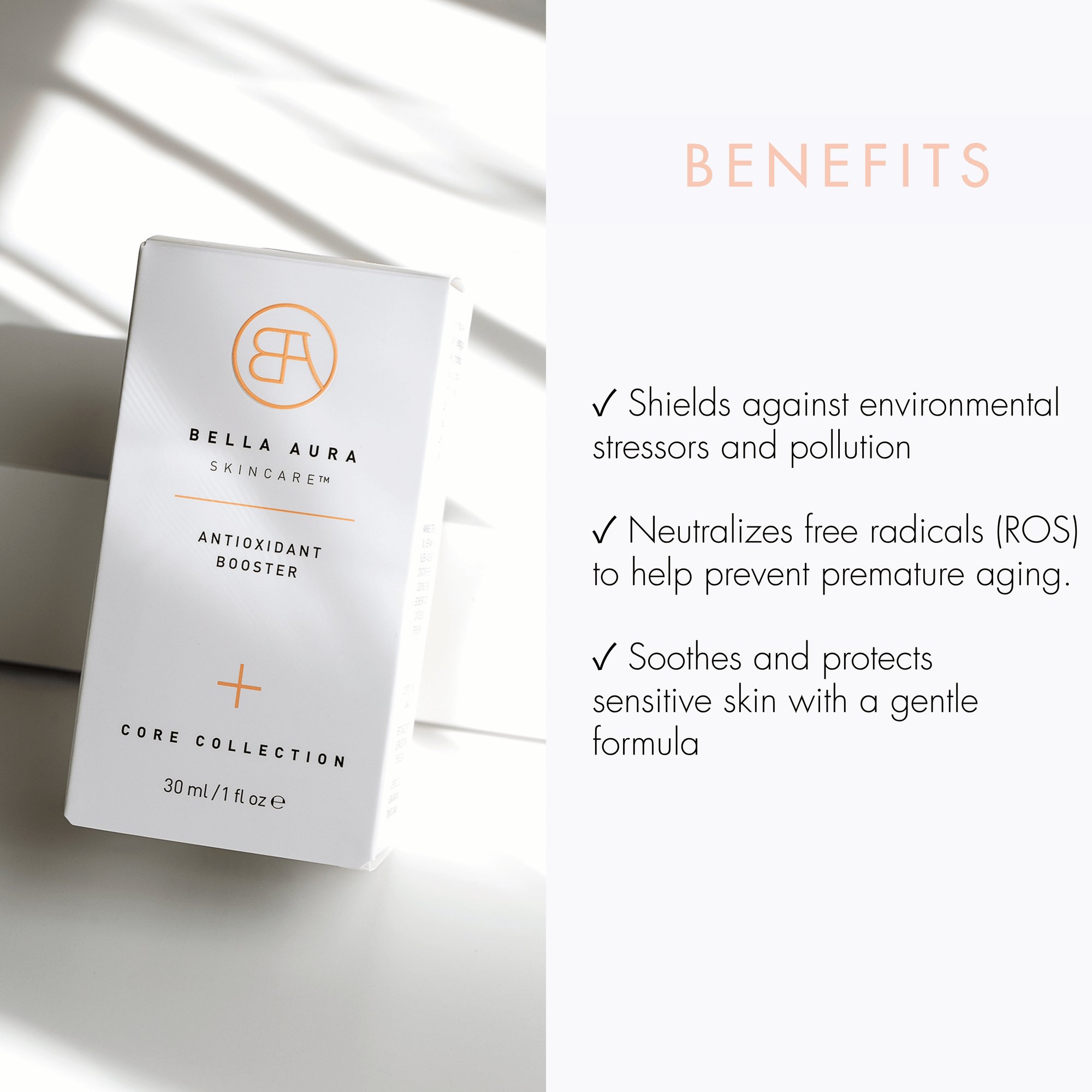 Bella Aura skincare product with benefits listed on a white background