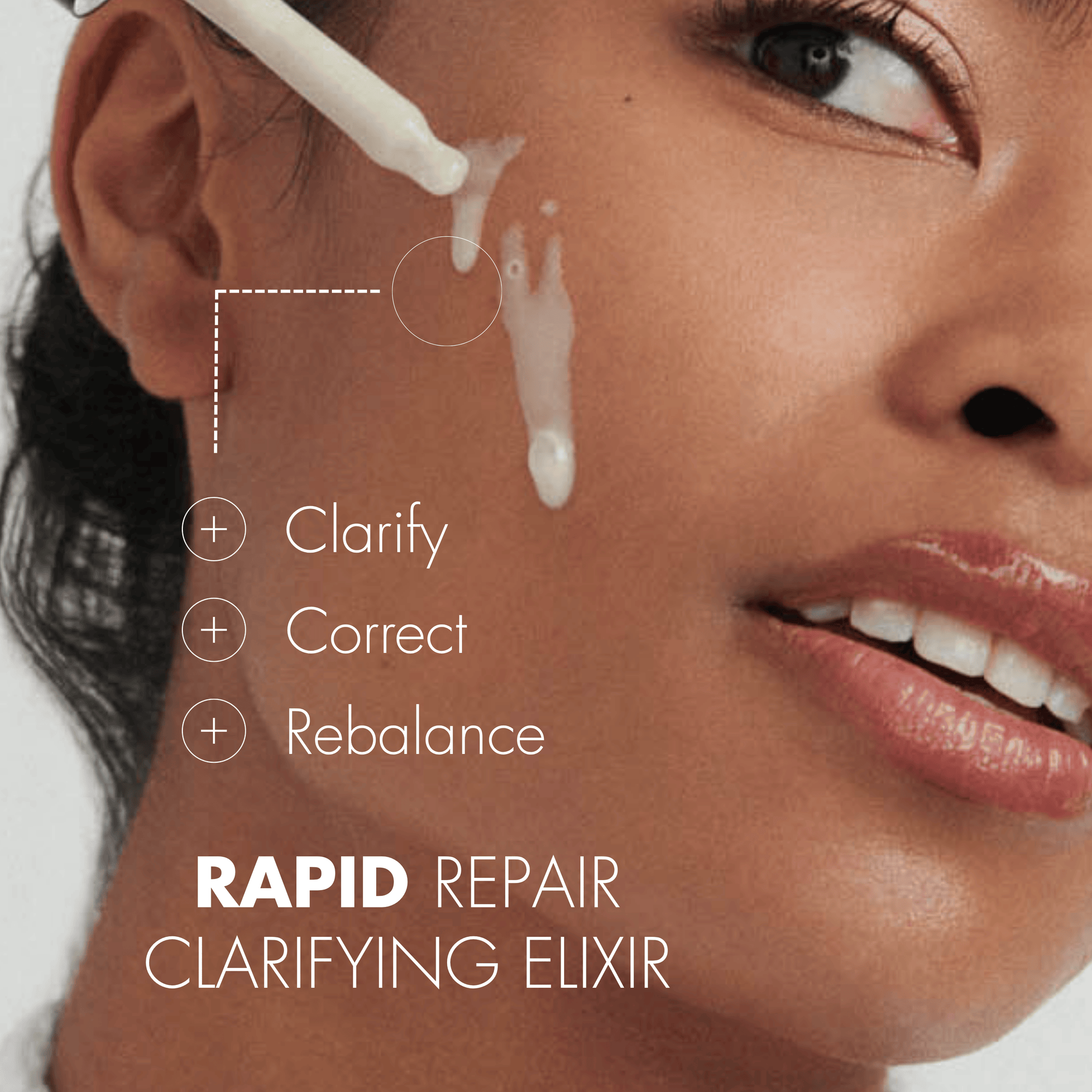 Woman applying a rapid repair clarifying elixir to her face with a dropper.