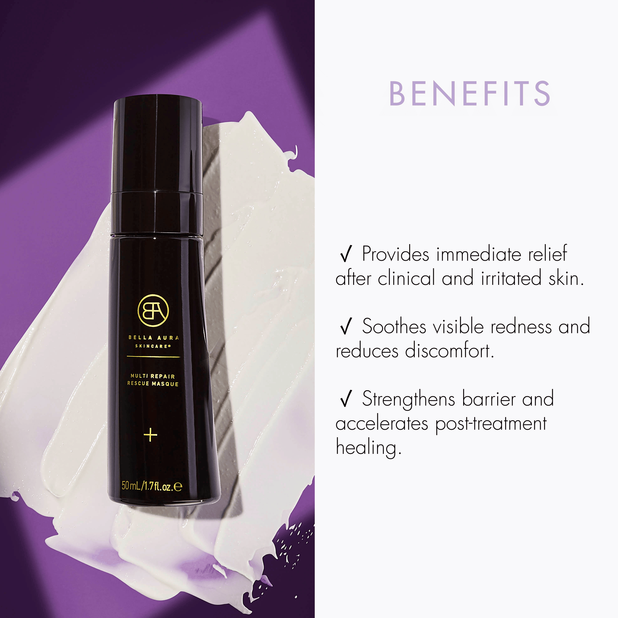 bella aura Skincare product multi repair rescue masque with benefits listed on a purple and white background