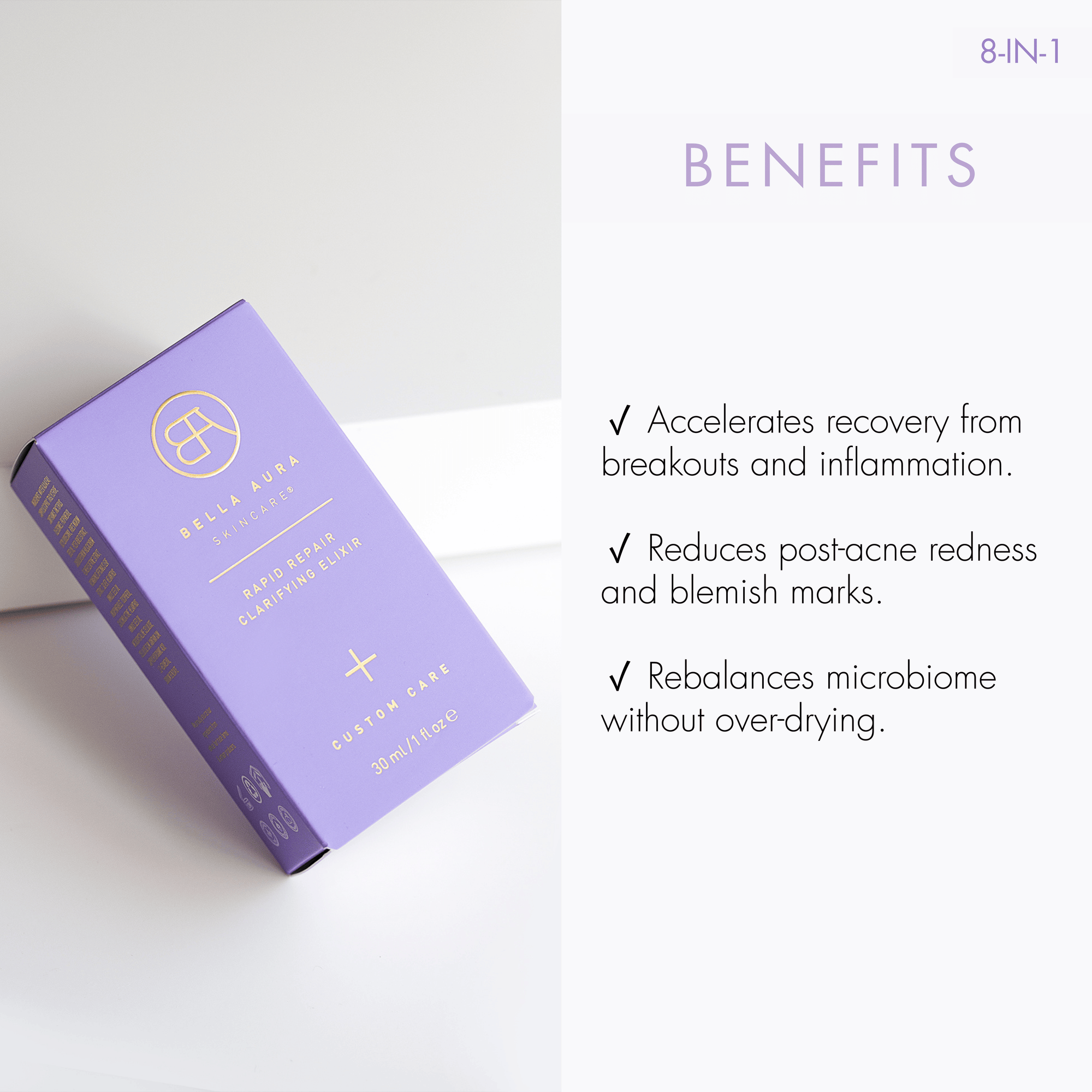 Purple bella aura skincare product packaging with benefits listed on a white background