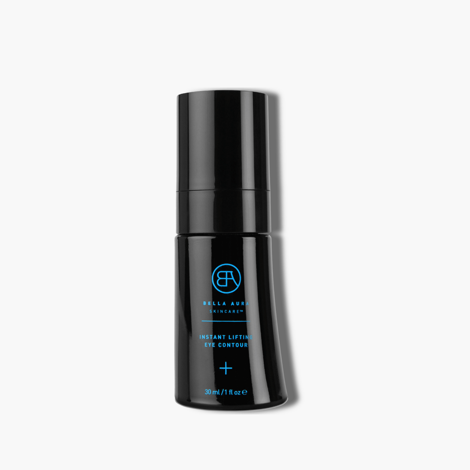 Black skincare eye serum bottle with blue text on a white background