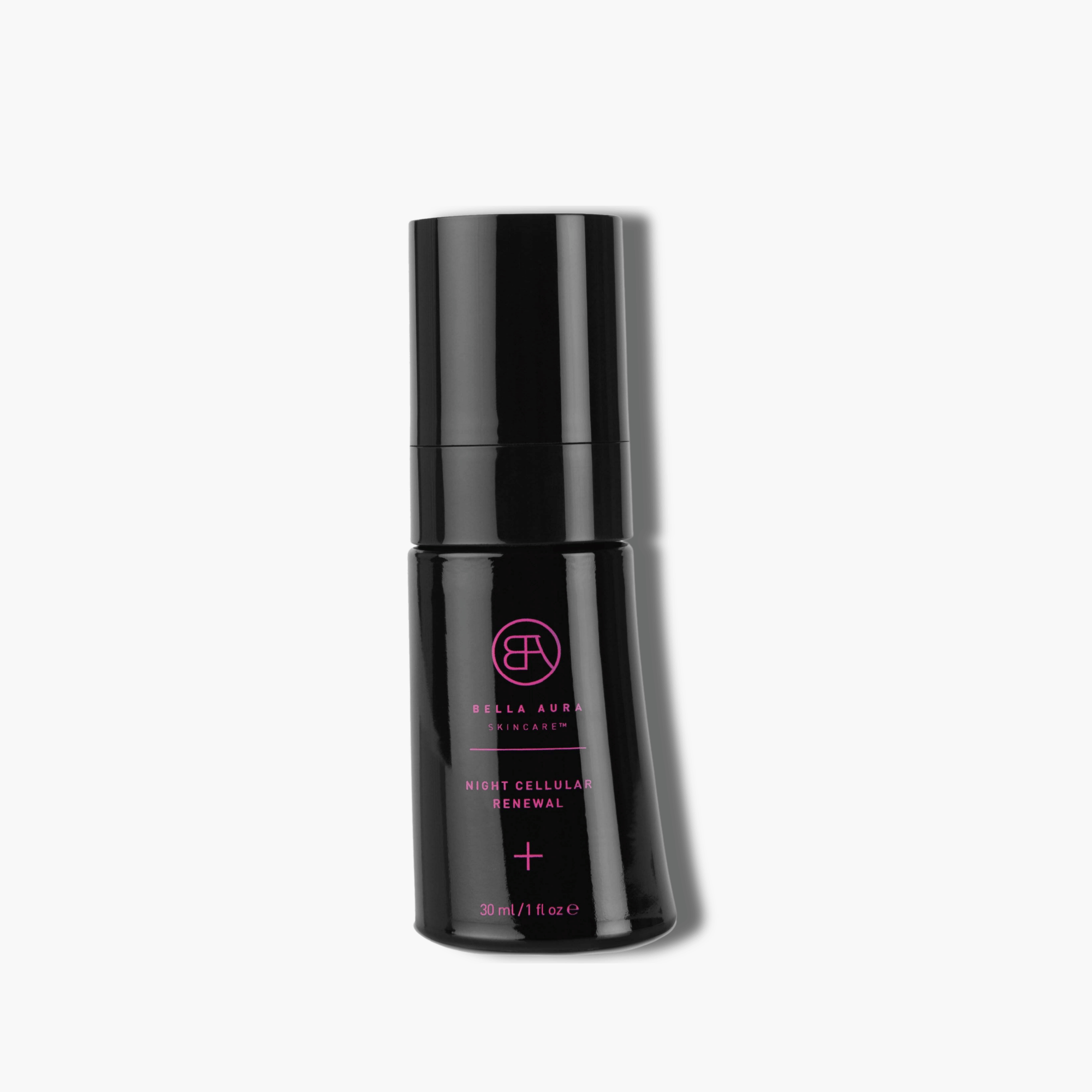 Black skincare bottle with pink text on a white background