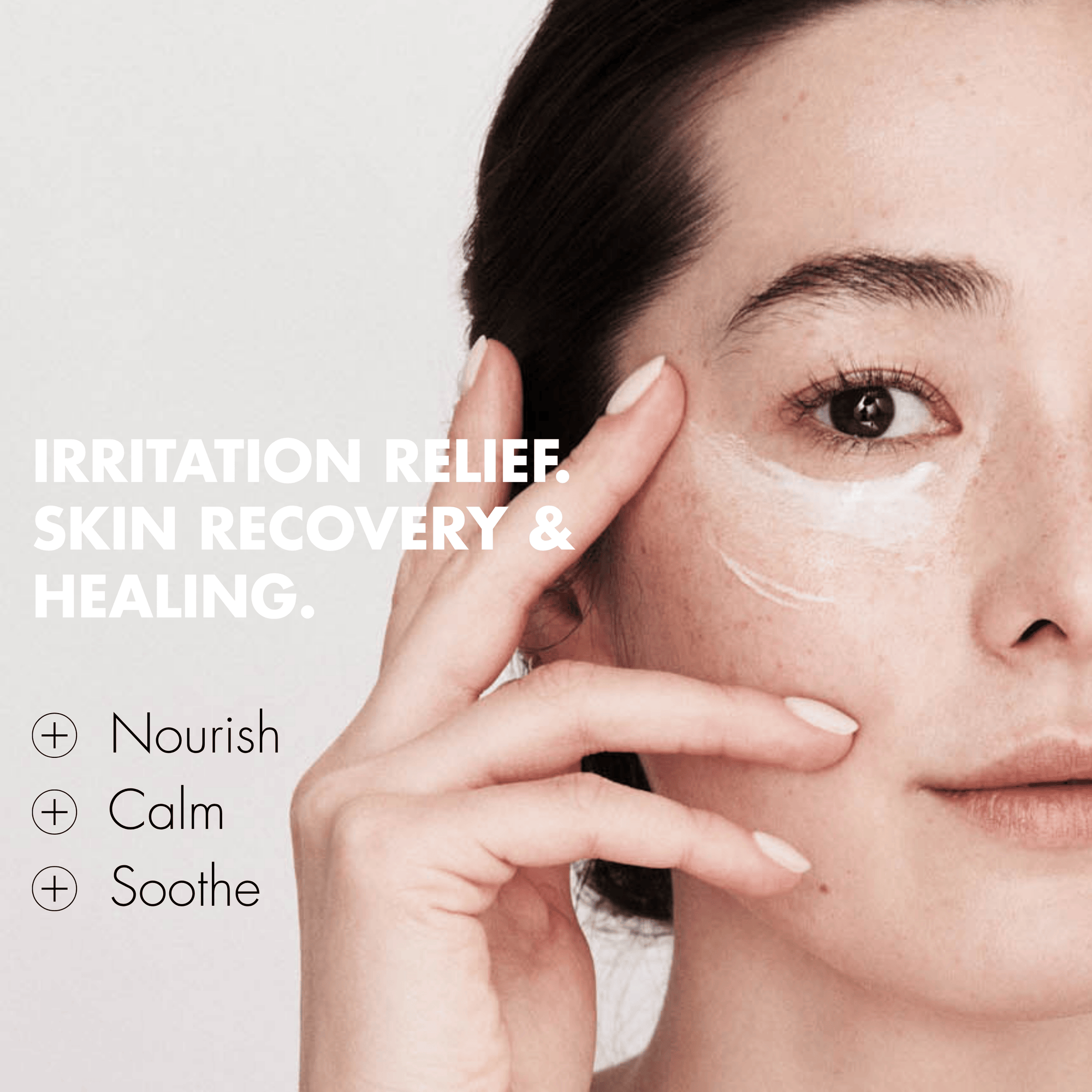 Woman applying skincare product with text on irritation relief, skin recovery, and healing.