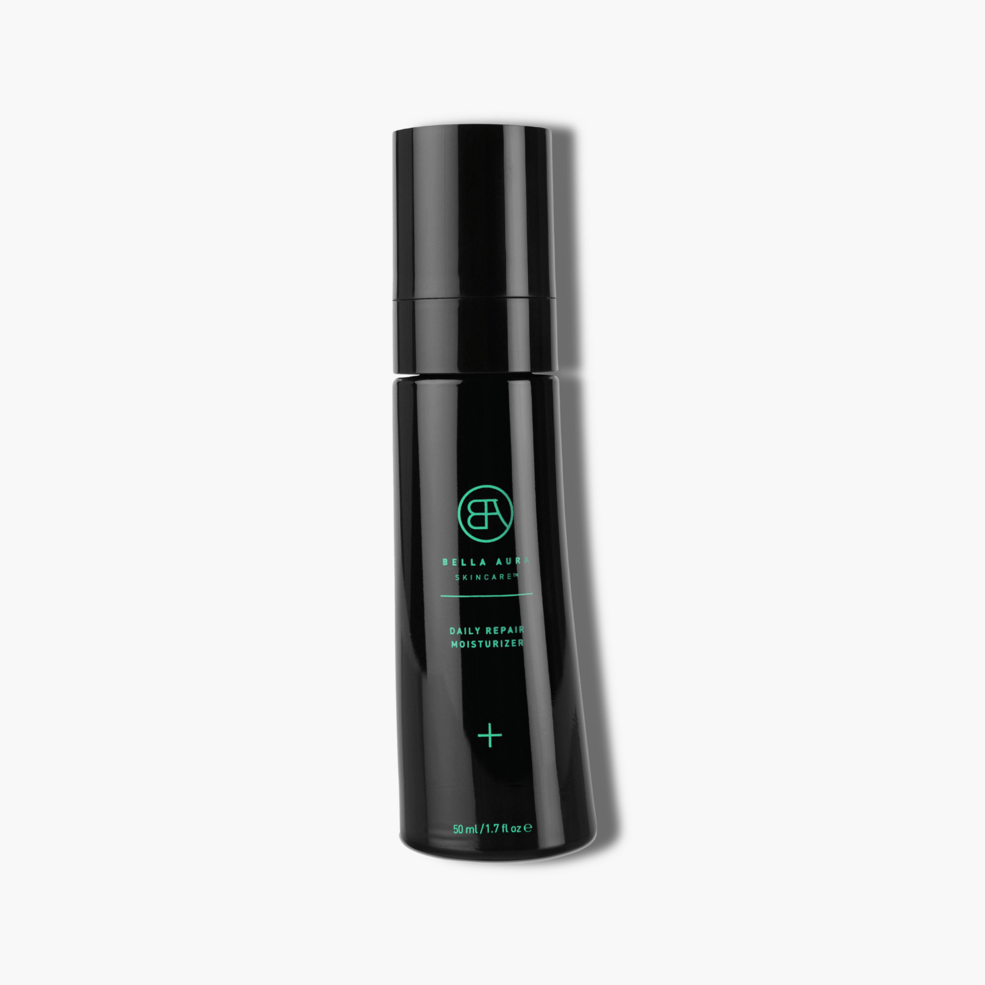 Black skincare bottle with green text on a white background