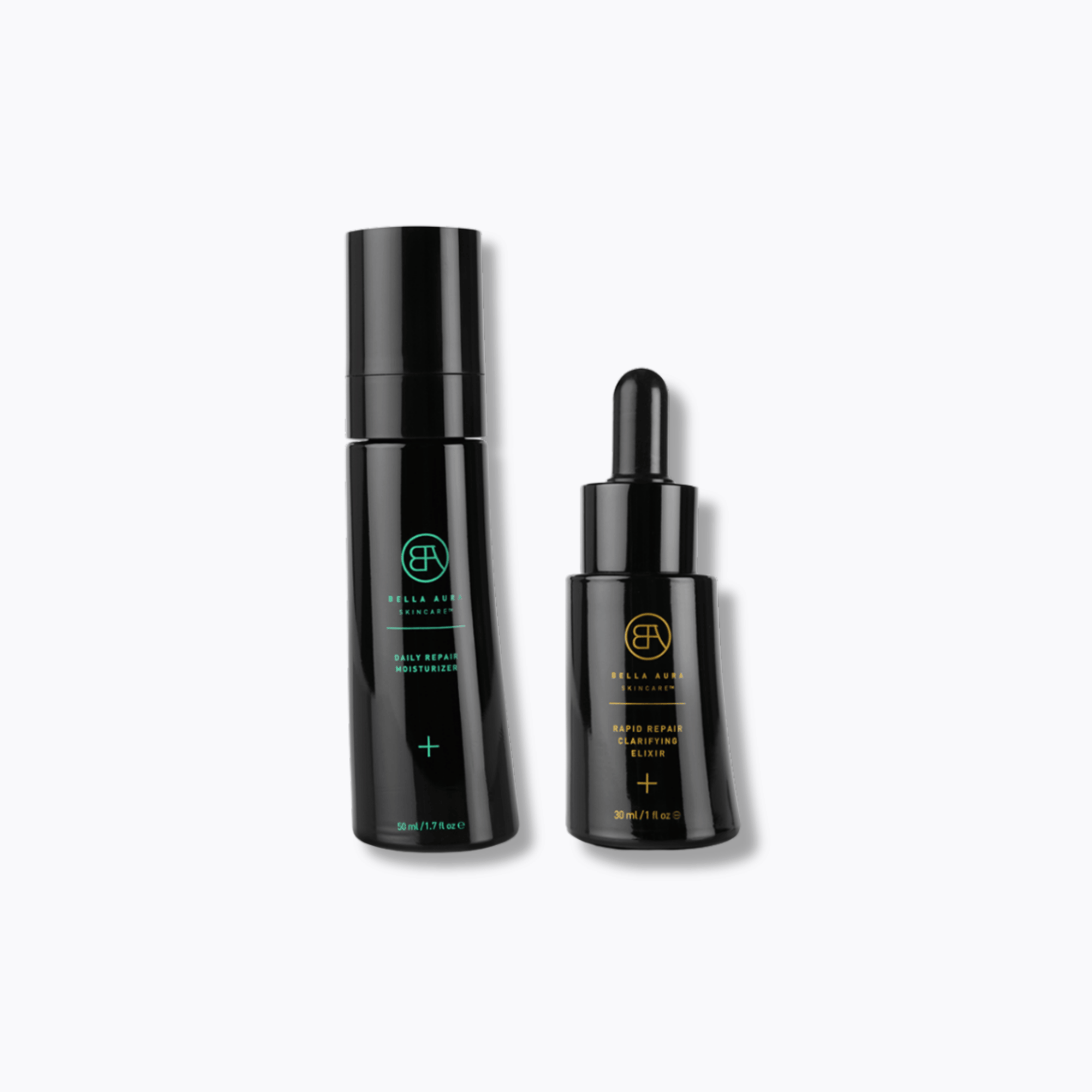 Two black bella aura skincare bottles with a logo on a white background