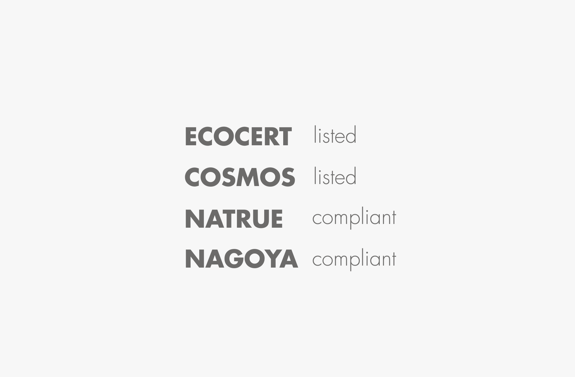 Text indicating compliance with ECOCERT, COSMOS, NATRUE, and NAGOYA on a white background.