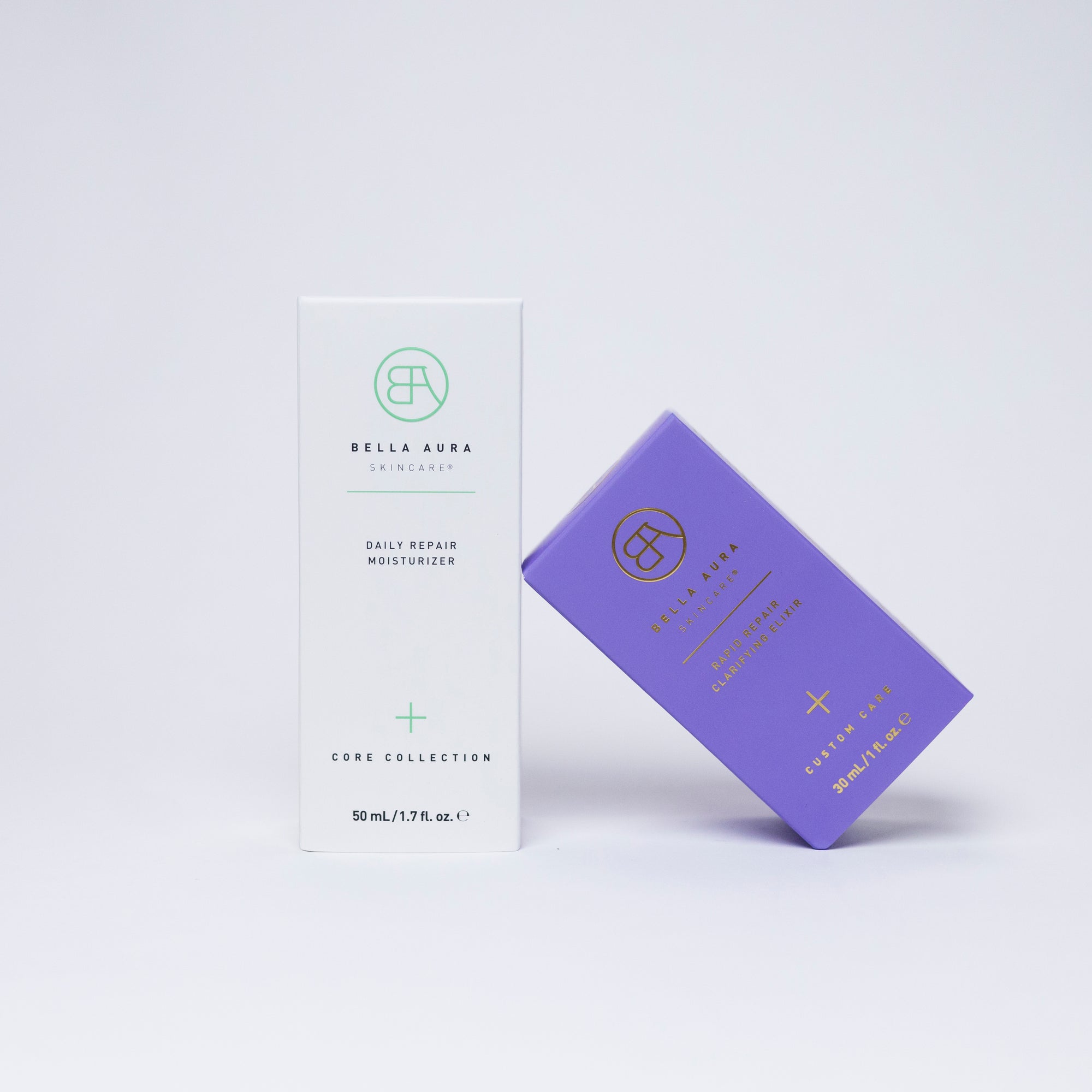 Bella Aura skincare product packaging on a light purple background