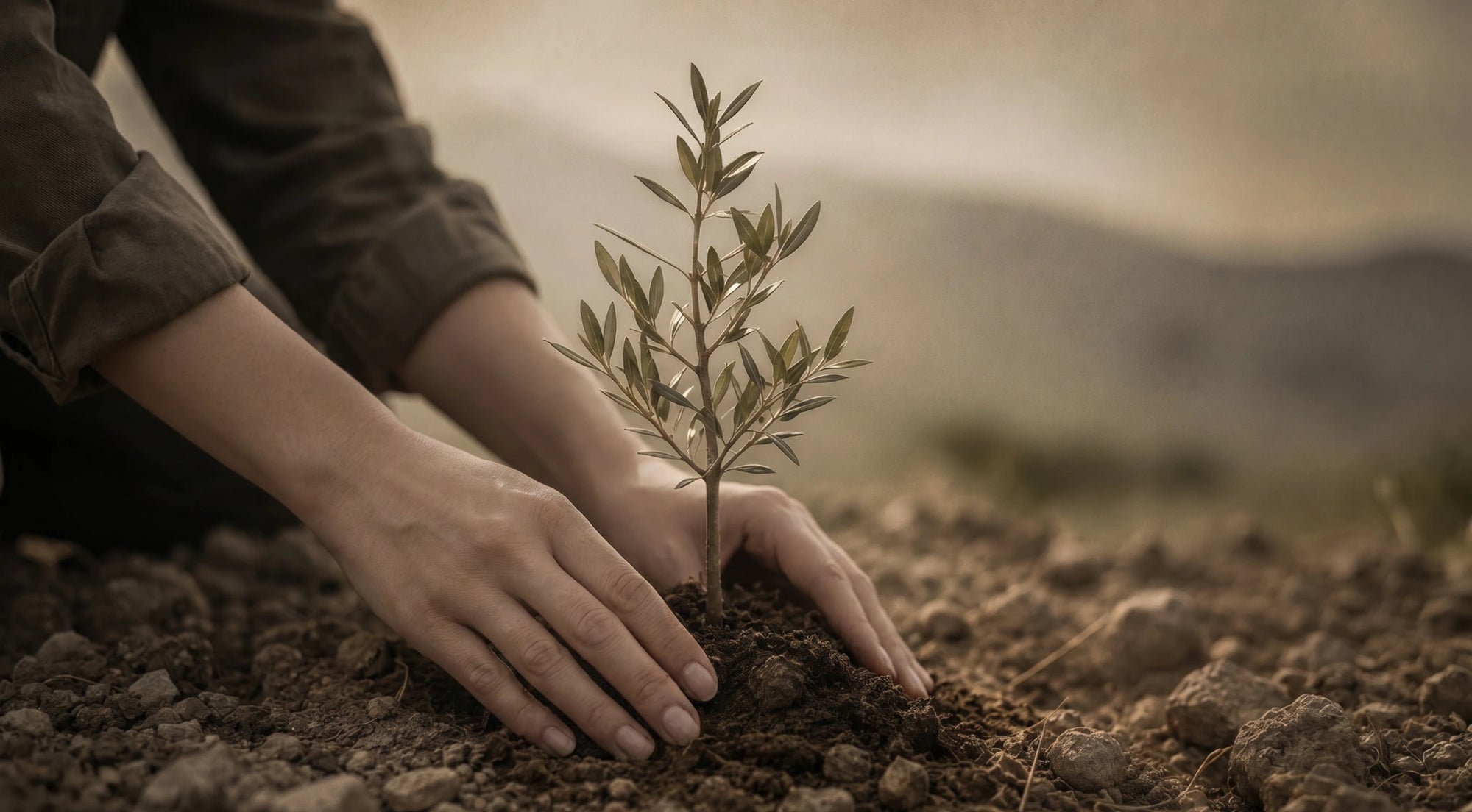 Person planting a small tree in the dirt with a blurred natural background