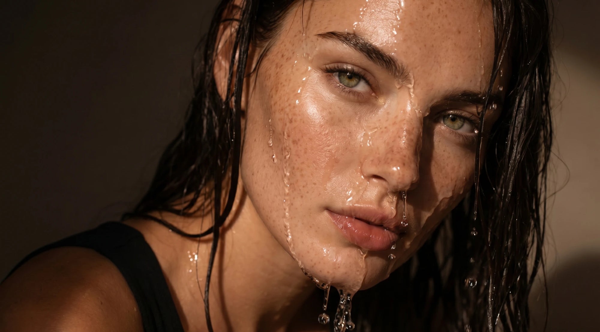 Close-up of a woman with water droplets on her face against a neutral background