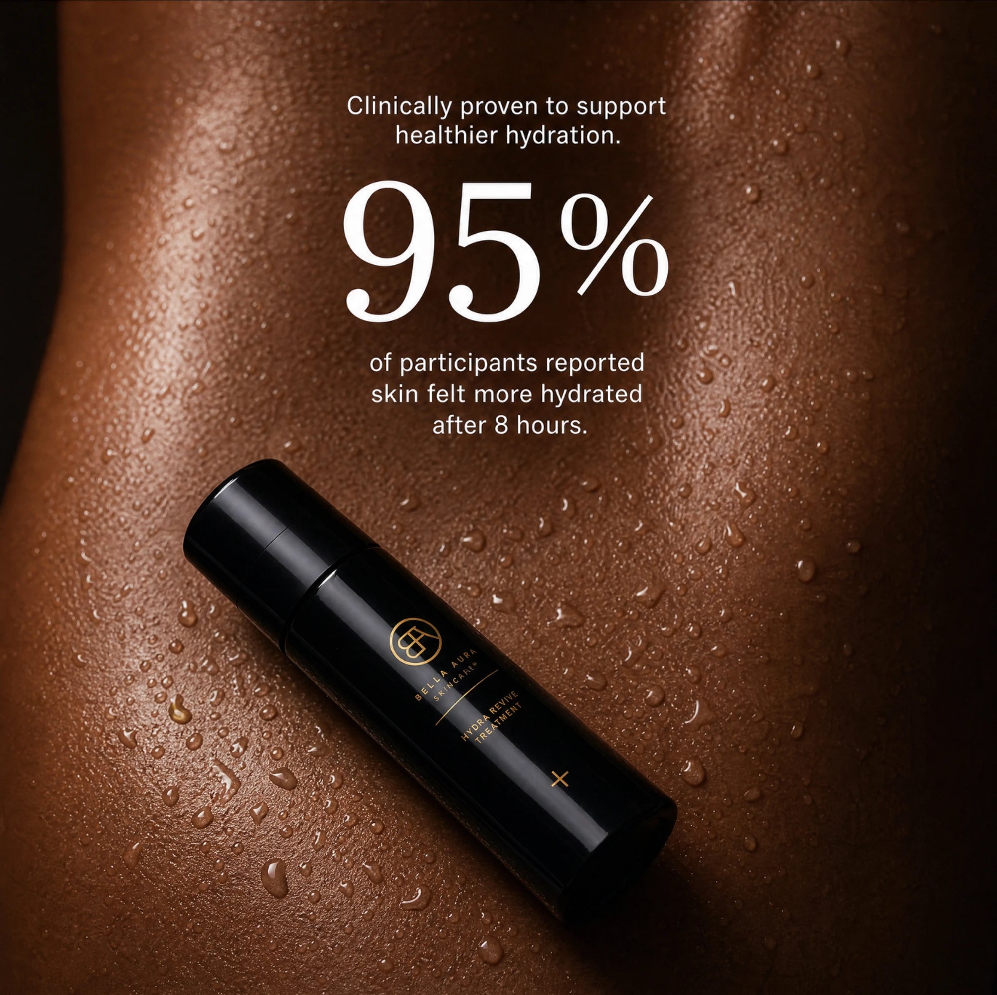 Black bella aura skincare bottle on a brown textured background with hydration text overlay