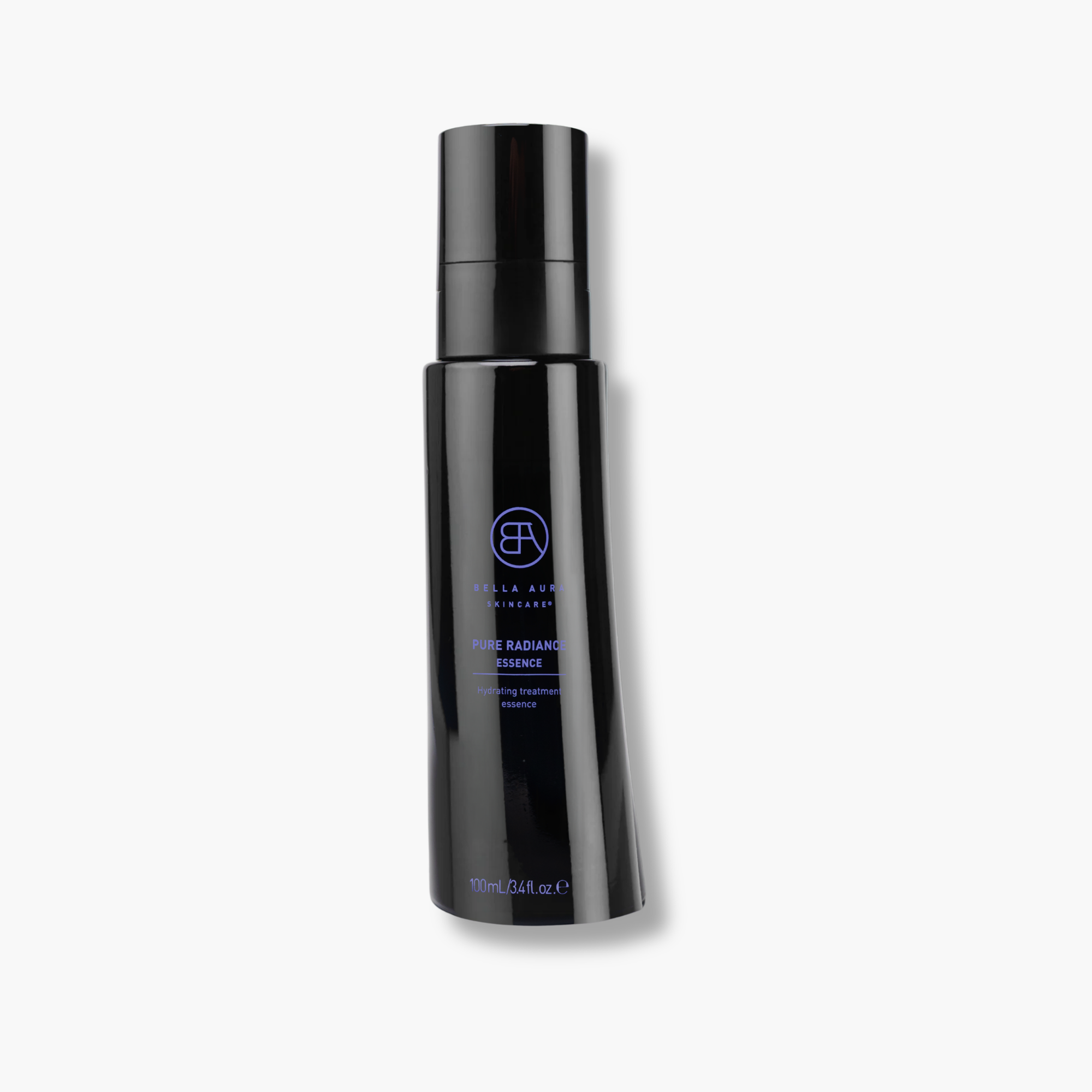 Black bella aura bottle with black cap on a light background