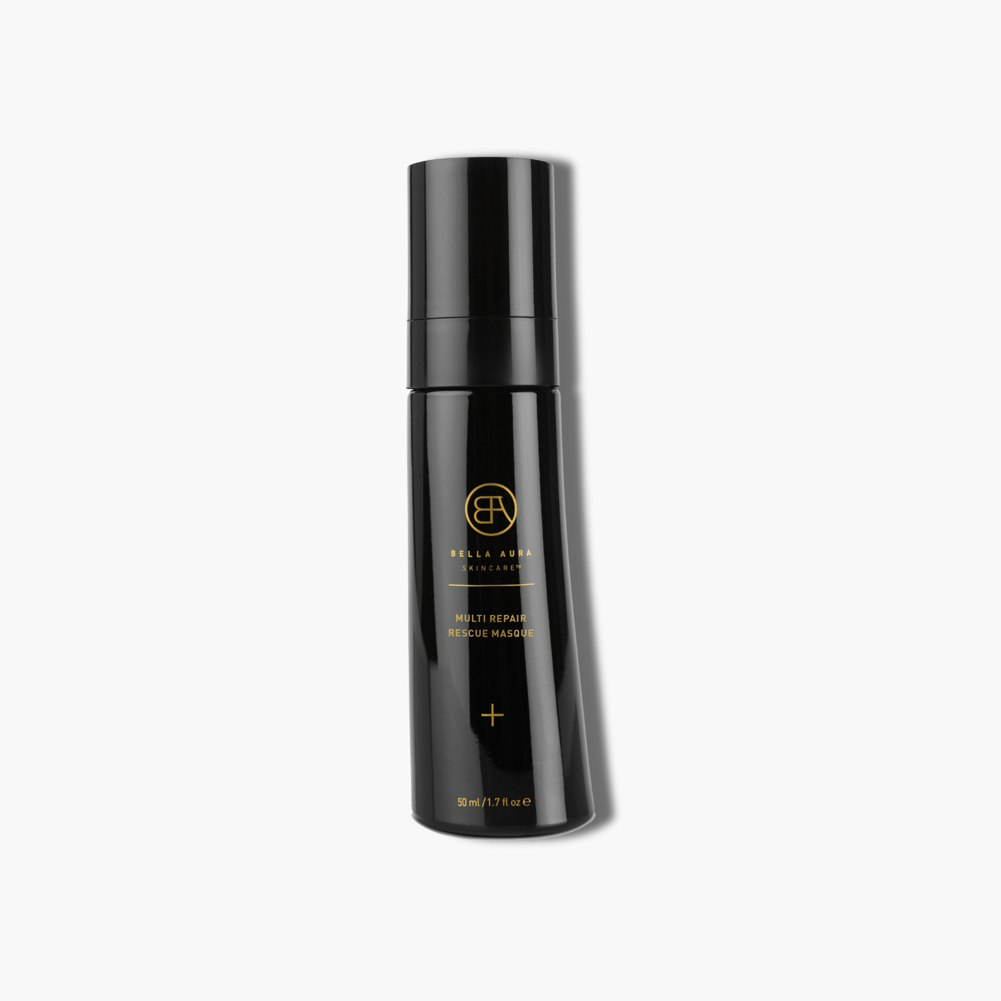 Black skincare bottle with gold text on a light grey background