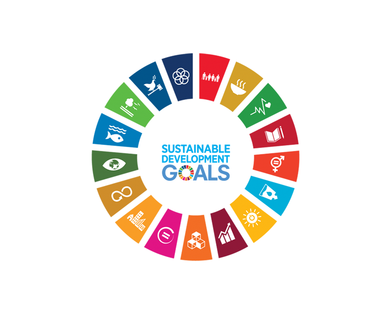 Circular graphic of the Sustainable Development Goals with colorful icons on a white background
