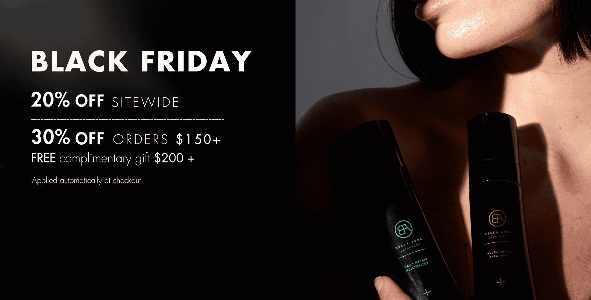 bella aura Black Friday sale with cosmetic products and promotional text.